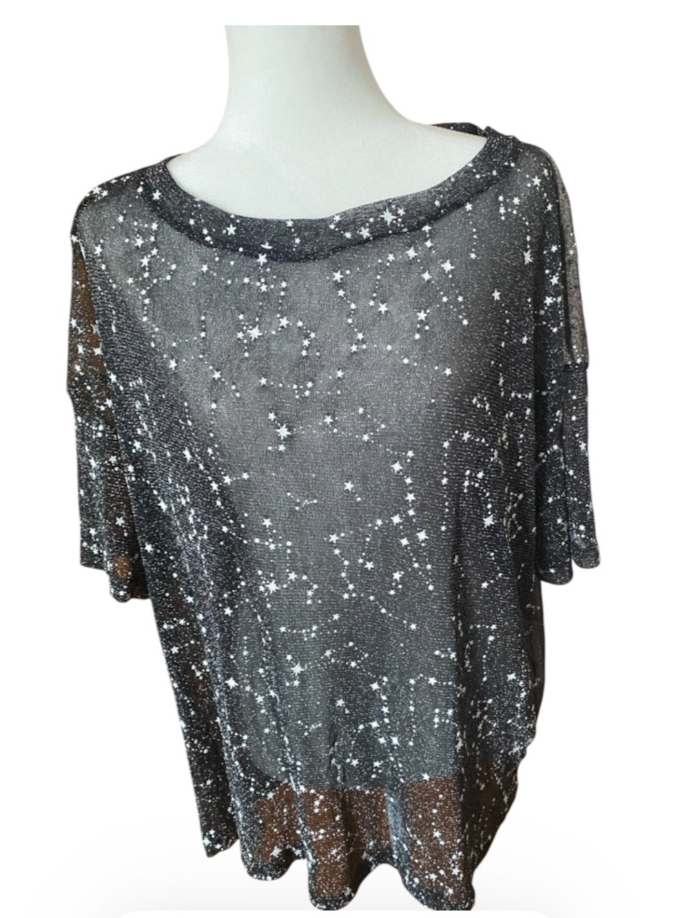 Black Metallic Celestial Star Sheer Mesh Oversized Top M